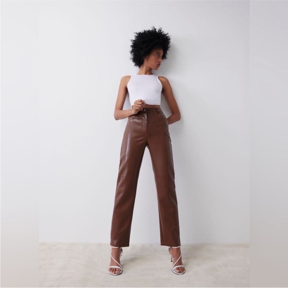 Aritzia Wilfred Women’s Chocolate Brown Straight Leg Faux Leather Melina Pants 0